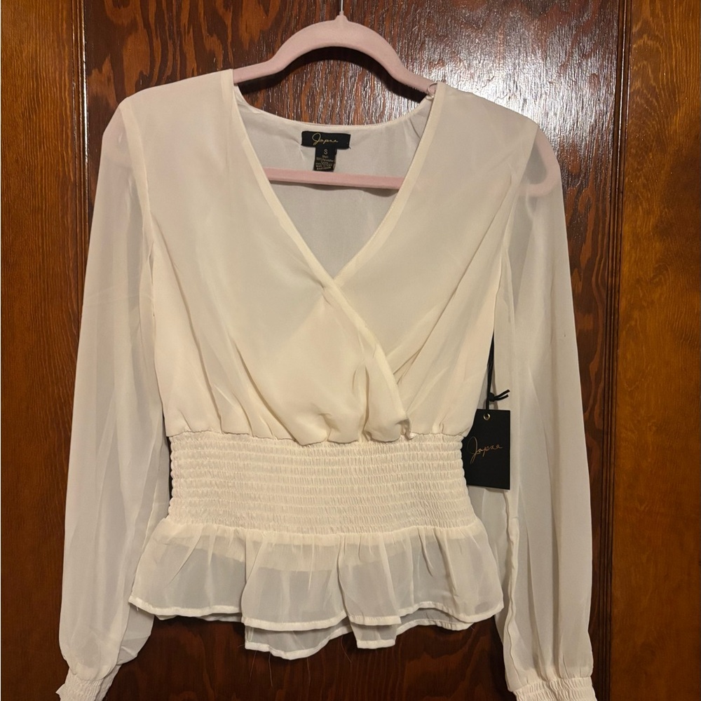 Cream Sheer Blouse with Smocked Waist
